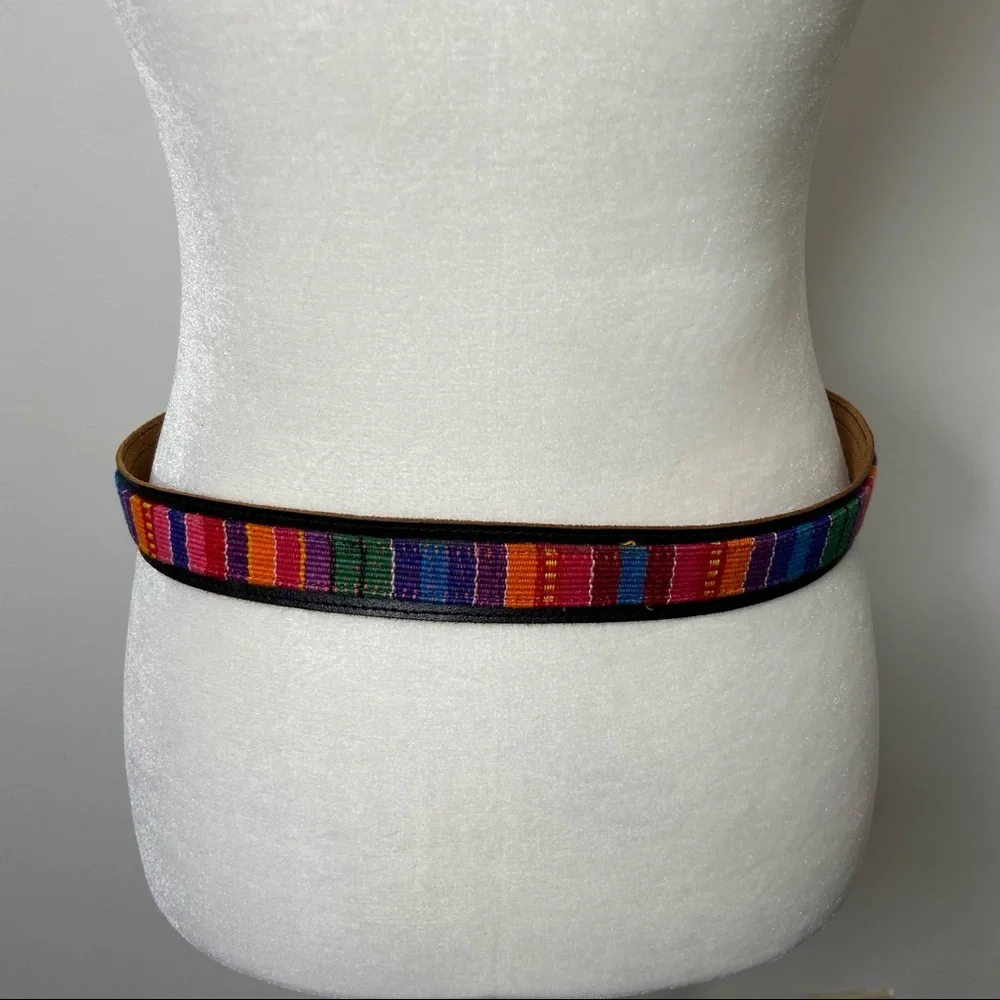 Multi-Color Rainbow Woven Waist Belt Faux Leather Buckle